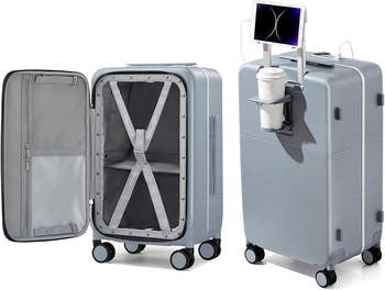 Smart suitcase with open interior and closed view showing built-in tablet holder and cup holder, ideal for tech-savvy travelers