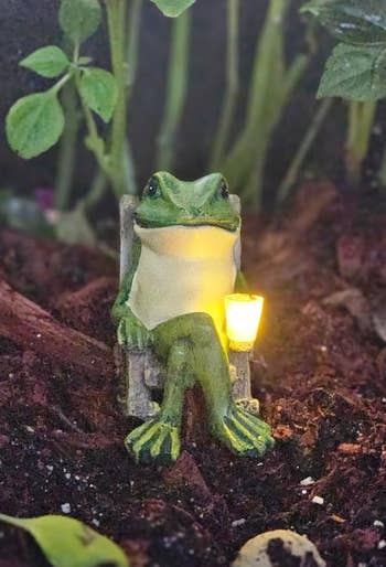 A frog figurine sits on a chair holding a glowing lantern, surrounded by plants in a garden setting