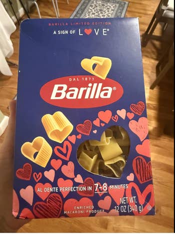 Barilla limited edition pasta box with heart window and doodles, labeled