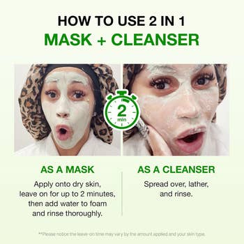 Instructions on using a 2-in-1 mask and cleanser: Apply, leave for 2 minutes, and rinse. Usage varies by skin type and amount applied