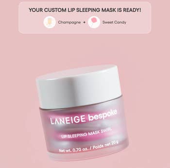 Laneige Bespoke Lip Sleeping Mask Swirl in a jar, labeled as champagne and sweet candy flavor