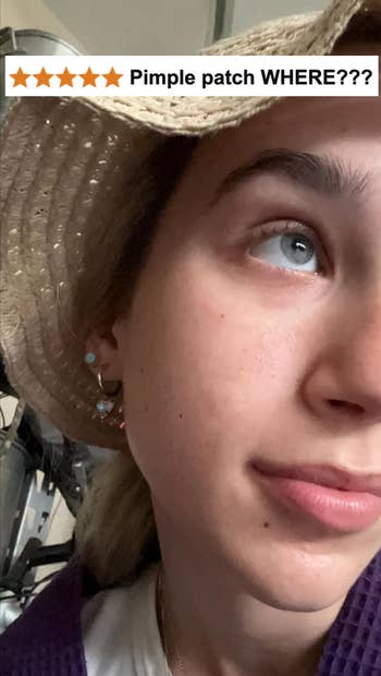 Person wearing a straw hat, showcasing clear skin with visible earrings. Text reads: 