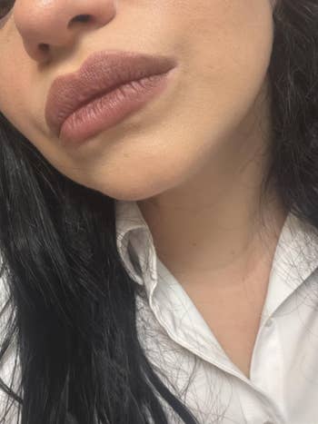 Close-up of a person with neutral lipstick and long dark hair, wearing a collared shirt. Ideal for an article discussing beauty products or fashion