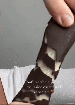 Person holding a chocolate-coated marshmallow bar, text reads: