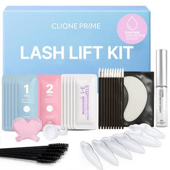 Lash lift kit with perm lotion, setting lotion, and nourishing lotion, plus tools like pads, spoolies, and a lash comb, displayed in packaging