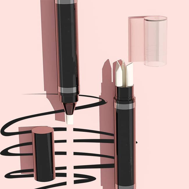 Dual-ended makeup pen with black ink and eraser tip for precise application and correction, cap removed