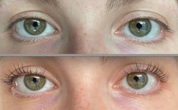 Close-up of eyes showing eyelashes before and after using a volumizing mascara product, highlighting the difference in eyelash fullness