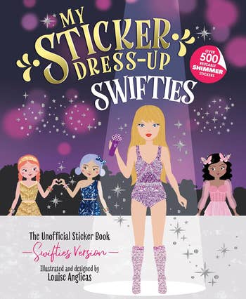 Children's sticker dress-up book cover featuring characters in sparkling outfits with over 500 reusable stickers. Title: