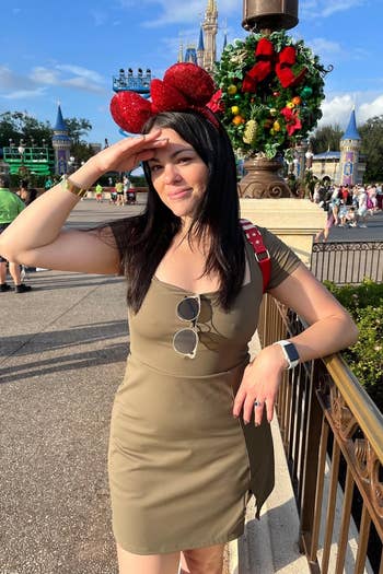 Reviewer wearing the tea leaf dress