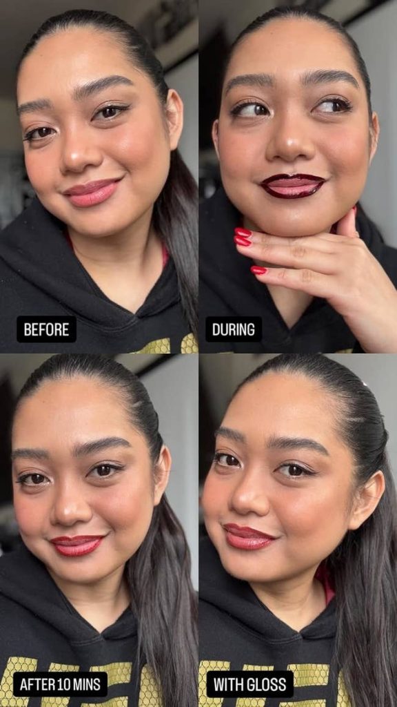 Four photos of a reviewer applying lip liner stain: bare lips, during application, 10 minutes after, and with gloss