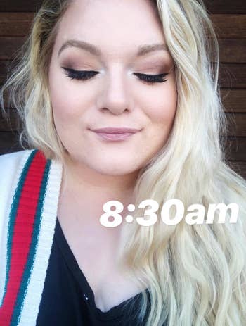 reviewer at 8:30 a.m. showing off their eye makeup