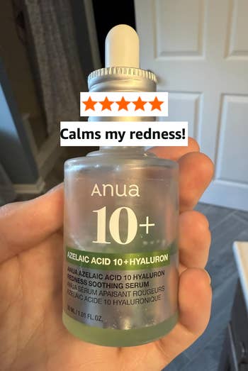 Hand holding a bottle of Anua Azelaic Acid 10+ Hyaluron Redness Soothing Serum with text: 