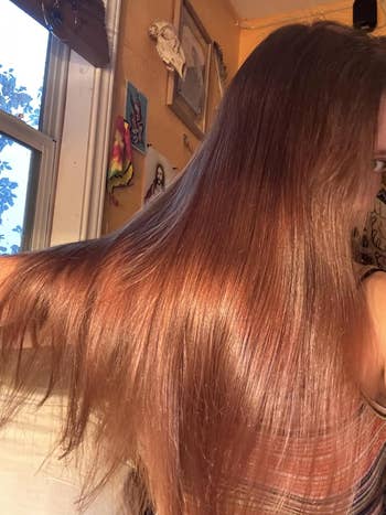 Long, smooth hair with a healthy shine cascades down the person's back