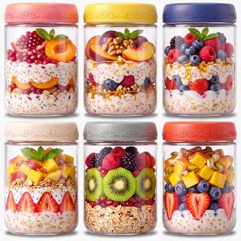 Six jars filled with layered overnight oats, topped with fruits and nuts, displayed in a grid pattern for a shopping article